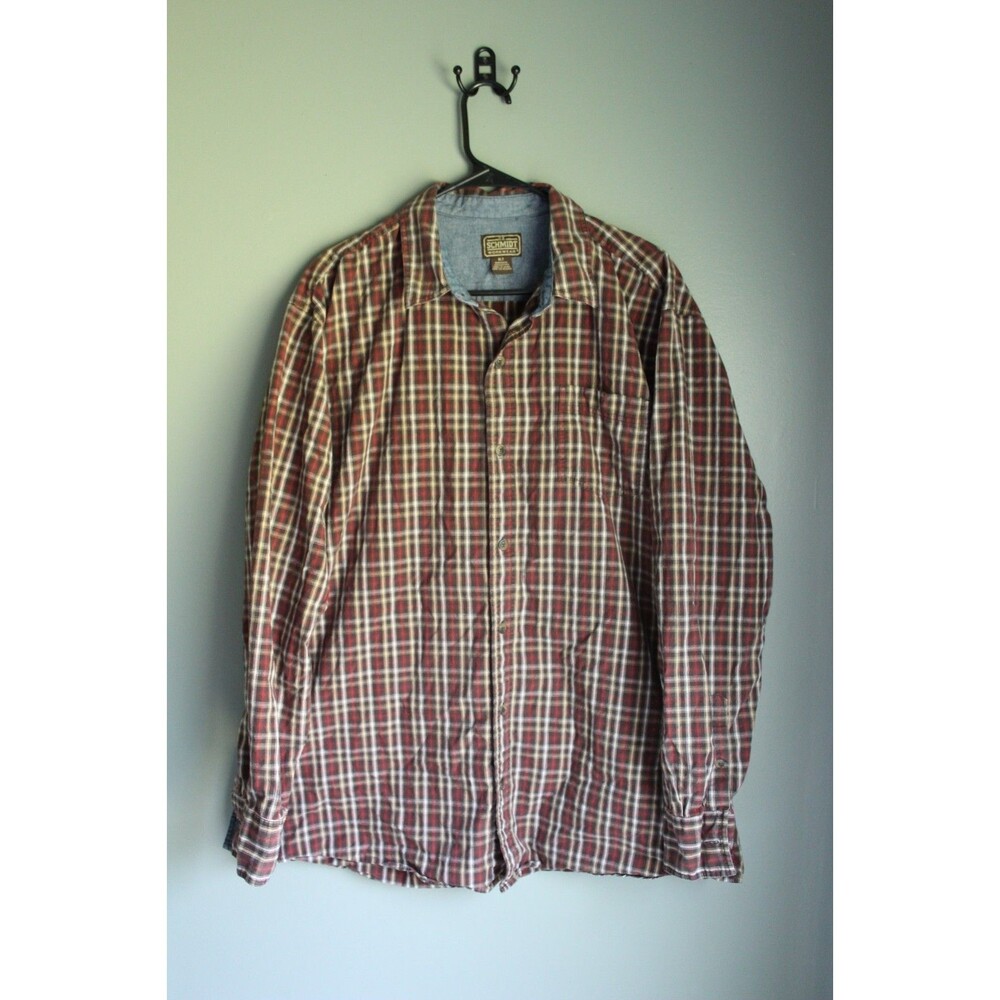 Schmidt Men's Big and Tall XLT Red Tan Plaid Button-Down Shirt Blue Long Sleeve